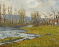 Berge avec peupliers et maisons